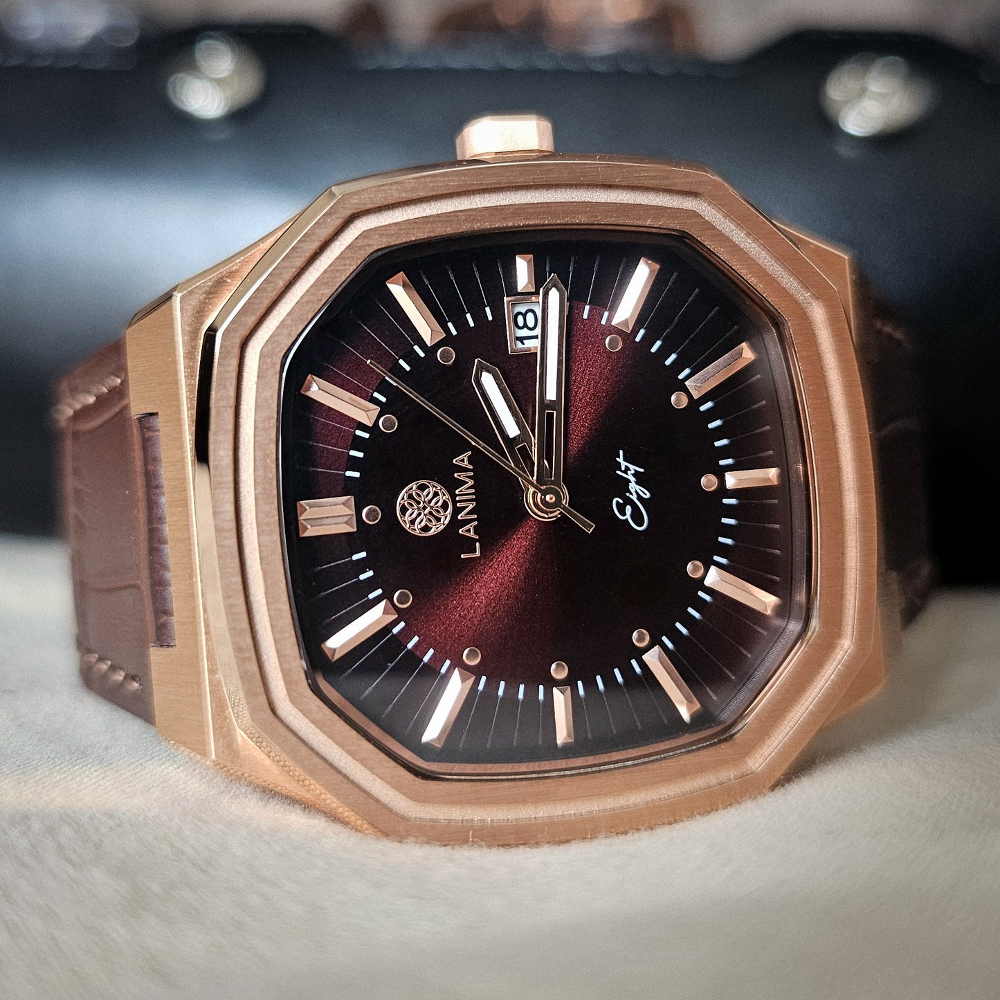 SEPIA Watch Face Detail - Date Complication and Rose Gold Hands