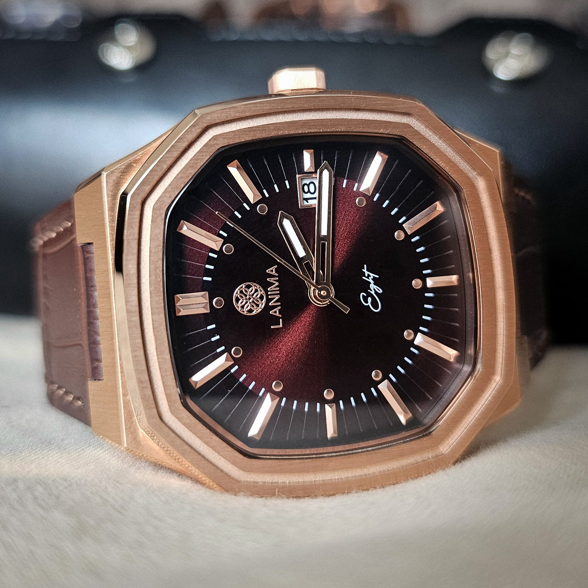 SEPIA Watch Face Detail - Date Complication and Rose Gold Hands